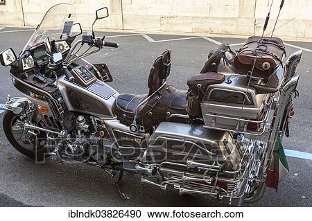 Stock Image - "Parked Honda Goldwing motorcycle, Liguria, Sanremo, Italy, Europe". Fotosearch