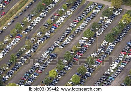 Stock Image - "Parking lot at the Veltins-Arena, aerial view, Gelsenkirchen, North Rhine-Westphalia, Germany, Europe". Fotosearch