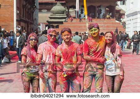 Picture - "Participants of the colour run, part of the Holi festival celebrations, Kathmandu, Nepal, Asia". Fotosearch
