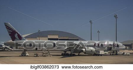 Stock Image - "Passenger aircraft, Airbus, at Doha International Airport, Doha, Qatar, United Arab Emirates, Asia". Fotosearch