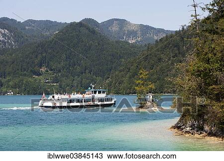 Stock Image - "Passenger ship Austria, Wolfgangseeschifffahrt company, Ochsenkreuz, Wolfgangsee, Sankt Gilgen, Salzkammergut, Salzburg State, Austria, Europe". Fotosearch