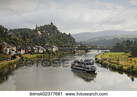 Stock Image - "Passenger ship on the Saar river near Saarburg, Rhineland-Palatinate, Germany, Europe". Fotosearch