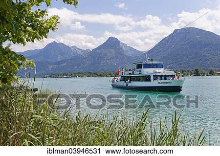 Stock Image - "Passenger ship Salzkammergut in Ried, Sankt Gilgen am Wolfgangsee, Salzkammergut, Salzburg State, Austria, Europe". Fotosearch