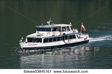 Stock Image - "Passenger ship Salzkammergut, Wolfgangseeschifffahrt company, Wolfgangsee, Sankt Gilgen, Salzkammergut, Salzburg State, Austria, Europe". Fotosearch