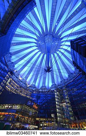 Stock Image - "Patio area and roof of the Sony Center, Potsdamer Platz square, at night, Mitte, Berlin, Berlin, Germany, Europe". Fotosearch