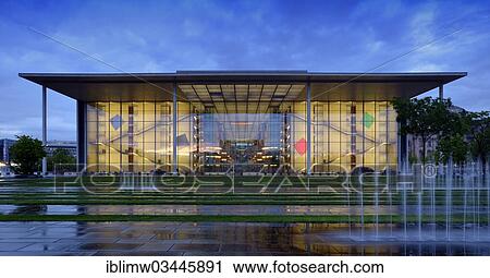 Stock Image - "Paul Loebe House, main entrance at the blue hour, Government District, Berlin, Berlin, Germany, Europe". Fotosearch