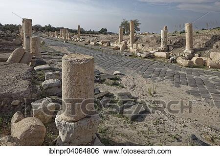 Stock Photograph - "Paved axis road, Decomanus, pillars, ancient town of Gadara, Umm Qais, Jordan, Asia". Fotosearch