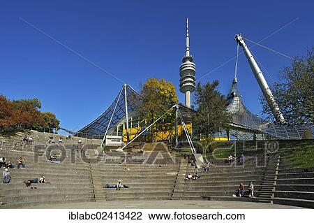 Stock Image - Pavilion-roof of the Olympic Hall, the Theatron and and the television tower, Munich, Bavaria, Germany, Europe. Fotosearch