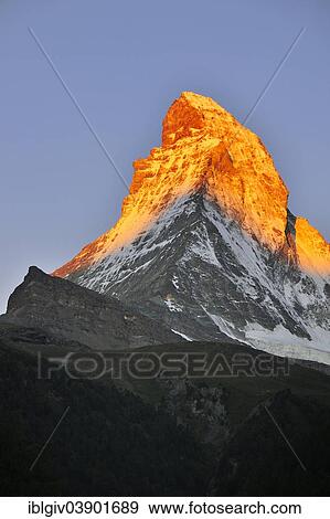 "Peak of the Matterhorn, 4478 m, illuminated at sunrise, Zermatt, Canton of Valais, Switzerland, Europe" View Large Photo Image Stock Photo - "Peak of the Matterhorn, 4478 m, illuminated at sunrise, Zermatt, Canton of Valais, Switzerland, Europe". Fotosearch