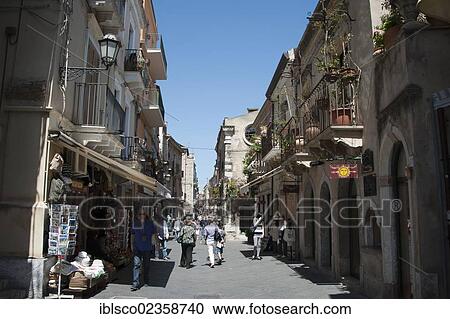 Stock Image - "Pedestrian area, Corso Umberto, Taormina, Sicily, Italy, Europe". Fotosearch