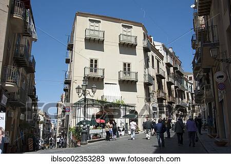 Stock Image - "Pedestrian area, historic town centre, Cefalu, Sicily, Italy, Europe". Fotosearch