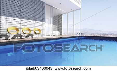 Stock Image - "Penthouse with a pool, 3D illustration". Fotosearch