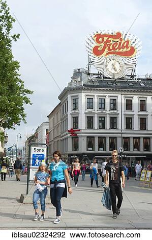 "People in the pedestrian zone, advertising for """"Freia"""", Karl Johans Gate, Oslo, Norway, Scandinavia, Northern Europe, Europe" View Large Photo Image Stock Image - "People in the pedestrian zone, advertising for """"Freia"""", Karl Johans Gate, Oslo, Norway, Scandinavia, Northern Europe, Europe". Fotosearch