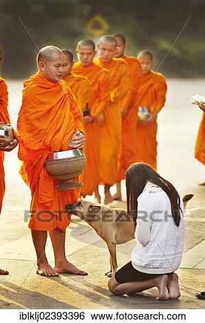 "People making offerings to Buddhist monks who walk the streets in the morning to receive what they will eat each day in Chiang Mai, Thailand, Asia" View Large Photo Image Stock Photograph - "People making offerings to Buddhist monks who walk the streets in the morning to receive what they will eat each day in Chiang Mai, Thailand, Asia". Fotosearch