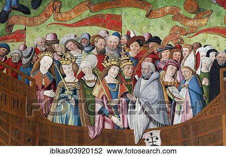 Stock Image - "People of all classes of the middle ages gathered on board of a ship, painting on the Gothic St. Nicholas altar, Church of Our Lady, Oberwesel, Rhineland-Palatinate, Germany, Europe". Fotosearch