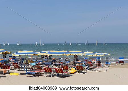 Stock Photo - "People sunbathing on the beach, beach chairs, sunshades, sea, Senigallia, Province of Ancona, Marche, Adriatic, Italy, Europe". Fotosearch