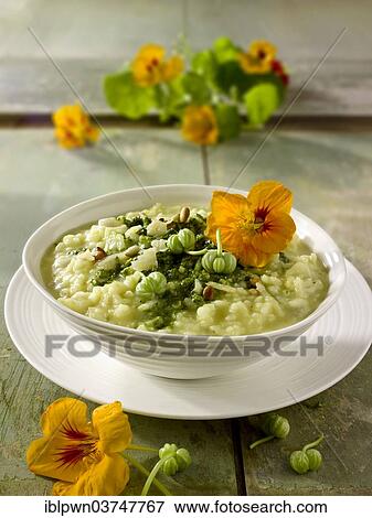 Pesto Risotto with nasturtium flowers View Large Photo Image Stock Photo - Pesto Risotto with nasturtium flowers. Fotosearch