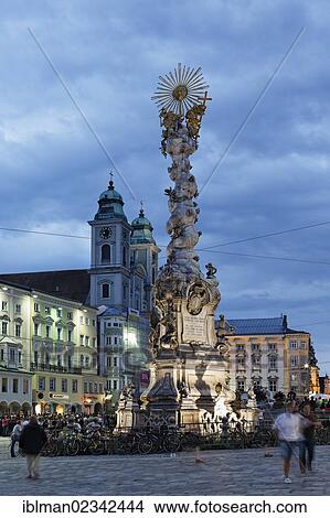 Picture - "Pestsaeule plague column and the Old Cathedral, Hauptplatz square, Linz, Upper Austria, Austria, Europe, PublicGround, Europe". Fotosearch