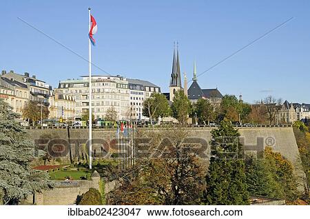 Stock Photo - Petrusse Valley, fortress with Beck Bastion, Monument du Souvenir, Place de Constitution, Constitution Square, Notre Dame Cathedral, Luxembourg, Europe, PublicGround, Europe. Fotosearch