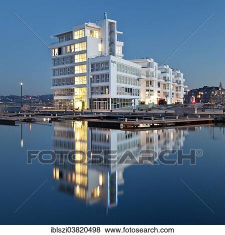 Stock Photo - "Phoenix Lake with the Facharztzentrum medical centre at the blue hour, Dortmund, North Rhine-Westphalia, Germany, Europe". Fotosearch
