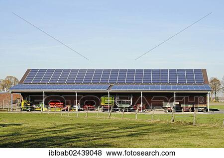 Stock Photo - "Photovoltaic installation, solar power system, farm, barn, Werne, North Rhine-Westphalia, Germany, Europe, PublicGround, Europe". Fotosearch