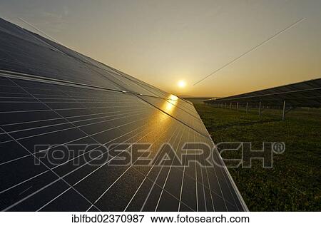 Stock Photo - "Photovoltaic power plant, at sunrise, Nentmannsdorf, Saxony, Germany, Europe". Fotosearch
