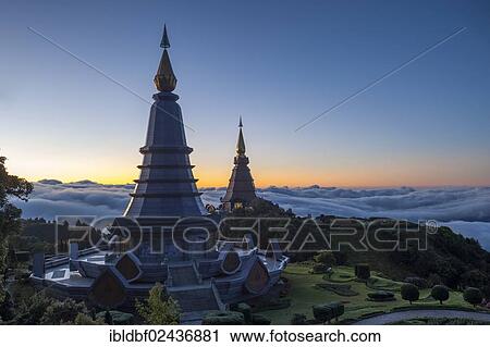 Stock Image - "Phra Mahathat Naphamethinidon temple complex, Chedi of the Queen and Chedi of the King, Doi Inthanon National Park, Chiang Mai Province, Northern Thailand, Thailand, Asia". Fotosearch
