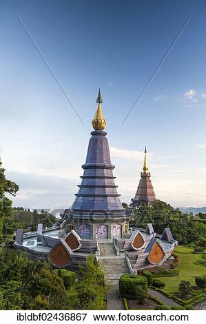 Stock Photo - "Phra Mahathat Naphamethinidon temple complex, Chedi of the Queen and Chedi of the King, Doi Inthanon National Park, Chiang Mai Province, Northern Thailand, Thailand, Asia". Fotosearch