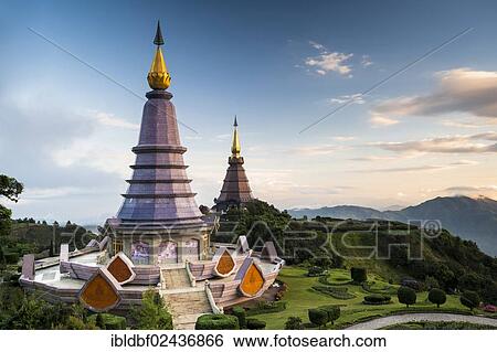 Stock Photograph - "Phra Mahathat Naphamethinidon temple complex, Chedi of the Queen and Chedi of the King, Doi Inthanon National Park, Chiang Mai Province, Northern Thailand, Thailand, Asia". Fotosearch
