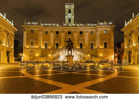 "Piazza del Campidoglio, Capitoline Hill, with the Senatorial Palace, City Hall of Rome, design by Michelangelo, equestrian statue of Emperor Marcus Aurelius, c 165 AD, Capitoline Hill, at night, Rome, Lazio, Italy, Europe" View Large Photo Image Stock Image - "Piazza del Campidoglio, Capitoline Hill, with the Senatorial Palace, City Hall of Rome, design by Michelangelo, equestrian statue of Emperor Marcus Aurelius, c 165 AD, Capitoline Hill, at night, Rome, Lazio, Italy, Europe". Fotosearch