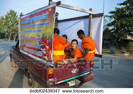 Stock Photo - "Pickup truck with young Buddhist monks from the monastery school, Sukhothai Province, Thailand, Asia". Fotosearch
