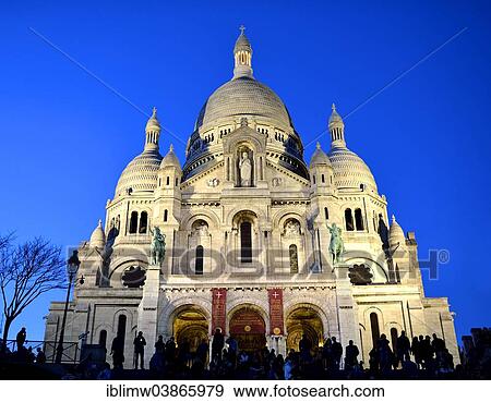 Stock Photo - "Pilgrimage church of Sacre-Coeur de Montmartre on Montmartre hill at dusk, Paris, Ile-de-France, France, Europe". Fotosearch