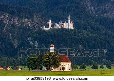 Stock Photograph - "Pilgrimage church of St. Coloman, Schloss Neuschwanstein Castle at the back, Schwangau, Fussen, Allgau, Swabia, Bavaria, Germany, Europe". Fotosearch