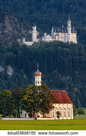 Stock Photography - "Pilgrimage church of St. Coloman, Schloss Neuschwanstein Castle at the back, Schwangau, Fussen, Allgau, Swabia, Bavaria, Germany, Europe". Fotosearch