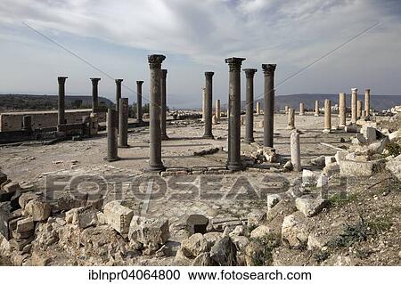 Stock Image - "Pillars of the octagonal church, basilica, ancient town of Gadara, Umm Qais, Jordan, Asia". Fotosearch