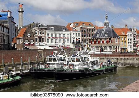 Stock Image - "Pilot boats in the harbor, Vlissingen, Walcheren, Zeeland province, The Netherlands, Europe". Fotosearch