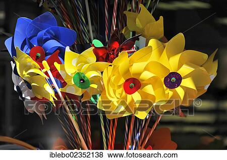 Stock Photo - "Pin wheels, toys, Tuebingen, Swabian Alb, Baden-Wuerttemberg, Germany, Europe". Fotosearch