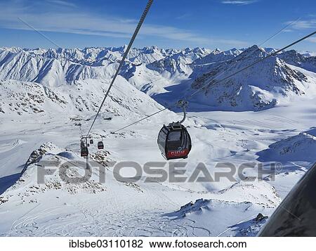 Stock Image - "Pitztal Glacier, ski area, Wildspitzbahn gondola lift mountain station of Hinterer Brunnenkogel Mountain, 3440m, view towards the Stubai Alps, Pitz Valley, Tyrol, Austria, Europe". Fotosearch