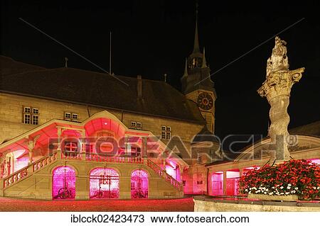 Stock Image - Place de l'Hotel de Ville, town square with the city hall, Fribourg, French Switzerland, Switzerland, Europe. Fotosearch