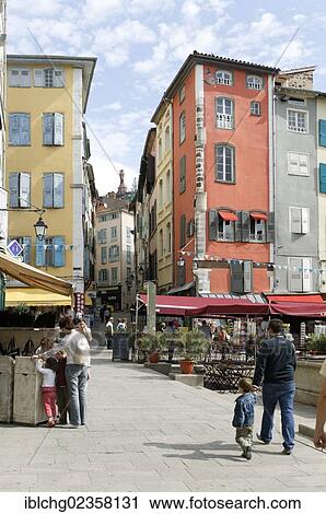 Stock Image - "Place du Plot, Le Puy en Velay, departure of Saint Jacques de Compostelle way, Haute Loire, Auvergne, France, Europe". Fotosearch