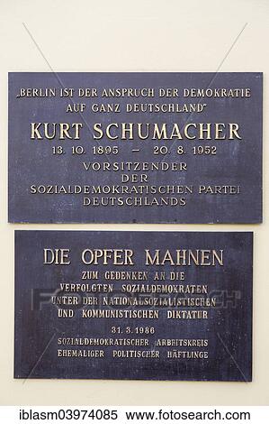 "Plaque for Kurt Schuhmacher on the wall of the Kurt-Schumacher-Haus, head office of the Berlin branch of the SPD, Social Democratic Party, Wedding, Berlin, Germany, Europe" View Large Photo Image Stock Photography - "Plaque for Kurt Schuhmacher on the wall of the Kurt-Schumacher-Haus, head office of the Berlin branch of the SPD, Social Democratic Party, Wedding, Berlin, Germany, Europe". Fotosearch