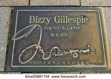 Picture - "Plaque for the jazz musician Dizzy Gillespie in the pavement of the """"Street of Fame"""", Burghausen, Upper Bavaria, Bavaria, Germany, Europe". Fotosearch