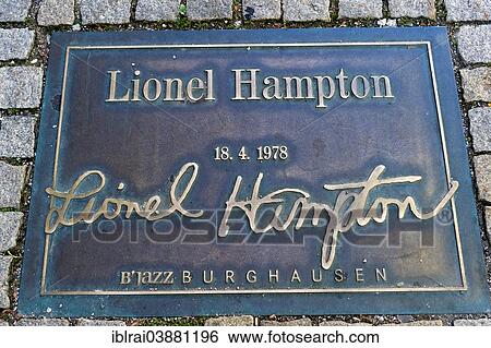 Stock Photograph - "Plaque for the jazz musician Lionel Hampton in the pavement of the """"Street of Fame"""", Burghausen, Upper Bavaria, Bavaria, Germany, Europe". Fotosearch