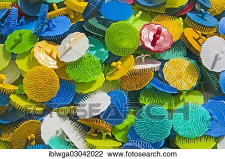 Stock Image - "Plastic brushes, stall in the souks, bazaar, Marrakesh, Marrakesch, Morocco, Africa". Fotosearch