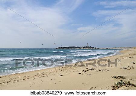 Stock Photo - "Playa de Canos de Meca, beach, kitesurfers, Cabo de Trafalgar at the back, lighthouse, Barbate, Cadiz province, Andalusia, Costa de la Luz, Spain, Europe". Fotosearch