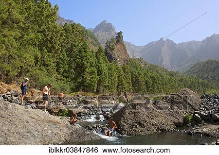Stock Photograph - "Playa de Taburiente and the rock formation Roque del Huso in the Parque Nacional de la Caldera de Taburiente National Park, La Palma, Canary Islands, Spain, Europe". Fotosearch