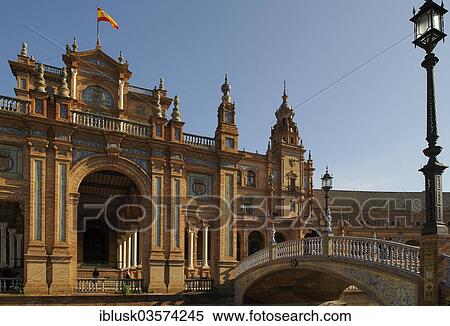 "Plaza de Espana square, partial view of the semi-circular building with a bridge, architect Anibal Gonzalez, Seville, Seville province, Andalusia, Spain, Europe" View Large Photo Image Stock Photography - "Plaza de Espana square, partial view of the semi-circular building with a bridge, architect Anibal Gonzalez, Seville, Seville province, Andalusia, Spain, Europe". Fotosearch