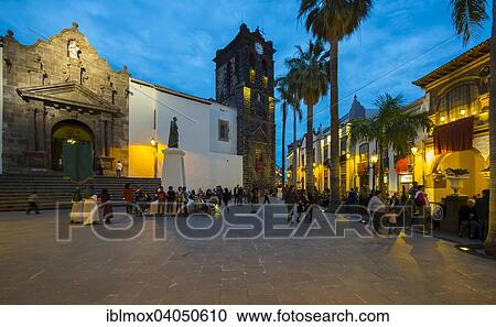 Stock Image - "Plaza de Espana, the church Iglesia Matriz de El Salvador at the back, Santa Cruz de La Palma, Canary Islands, Spain, Europe". Fotosearch