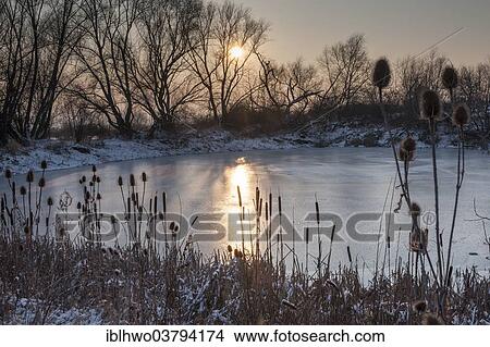 "Pond in winter covered with ice, sunset, collapse sinkhole at Ettersberg, Weimar, Thuringia, Germany, Europe" View Large Photo Image Picture - "Pond in winter covered with ice, sunset, collapse sinkhole at Ettersberg, Weimar, Thuringia, Germany, Europe". Fotosearch