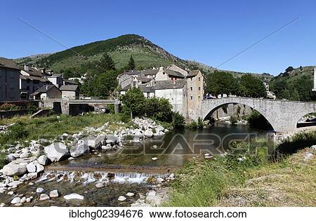 Stock Photograph - "Pont de Montvert, Tarn Valley, The Causses and the Cevennes, UNESCO World Heritage, Cevennes National Park, Parc National des Cevennes, Lozere, Languedoc Roussillon, France, Europe". Fotosearch